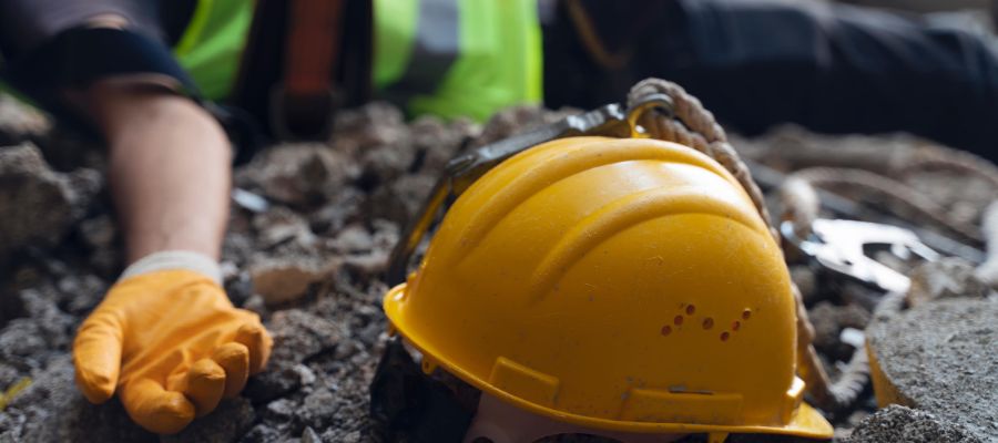 construction worker laying on the ground next to a hard hat